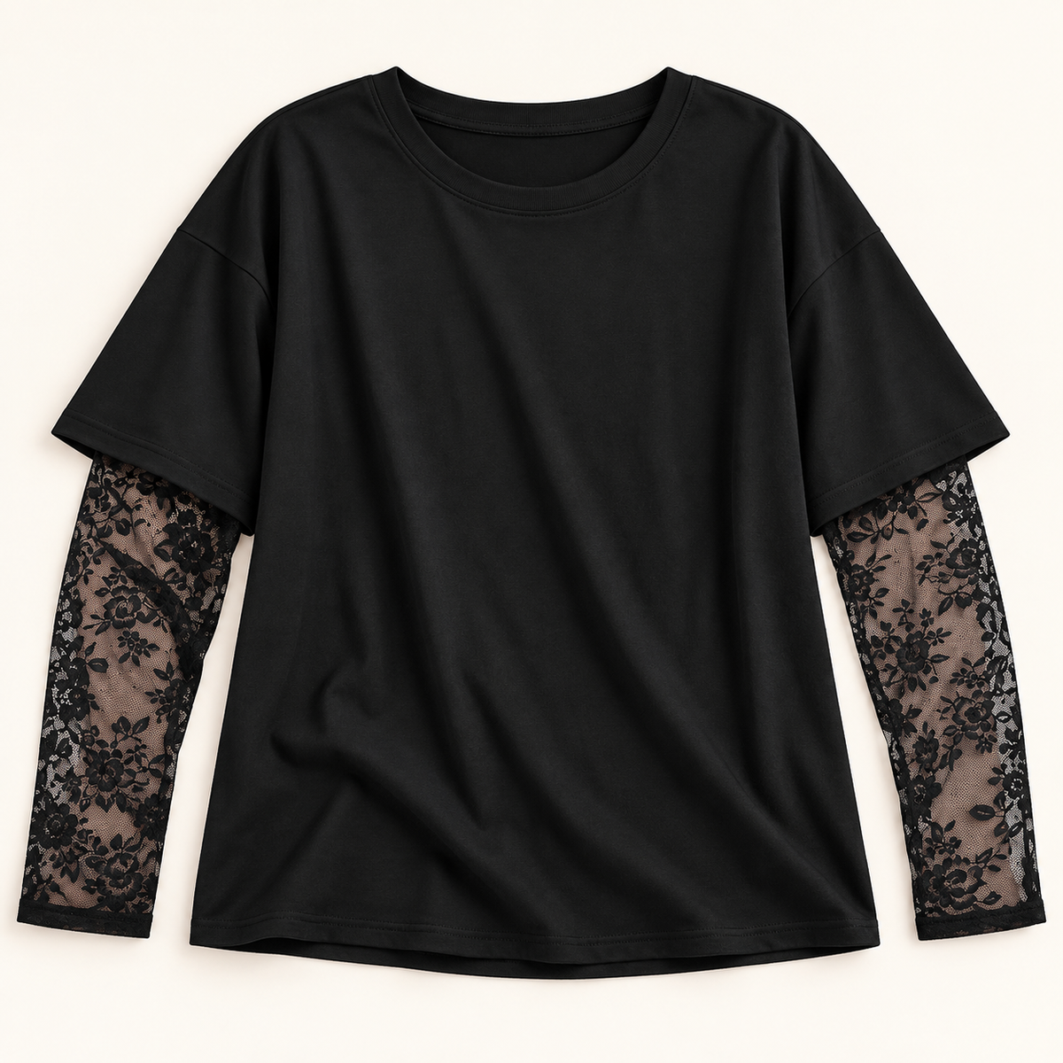 Women’s Oversized Crewneck Top with Floral Lace Sleeves