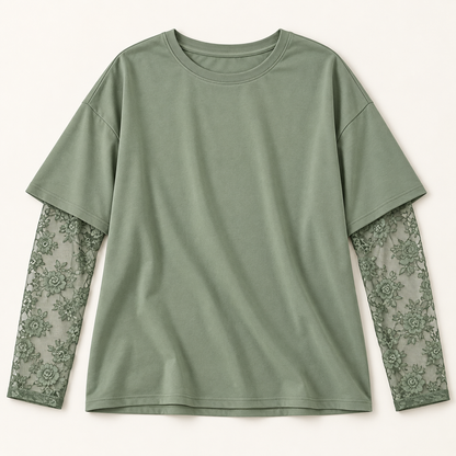 Women’s Oversized Crewneck Top with Floral Lace Sleeves
