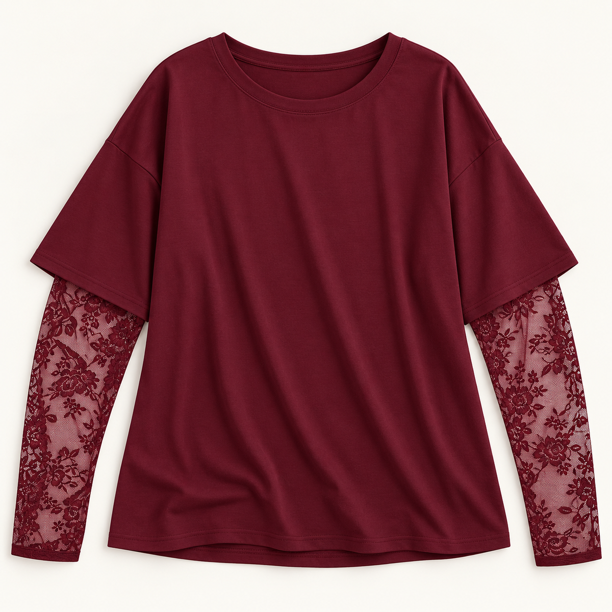 Women’s Oversized Crewneck Top with Floral Lace Sleeves