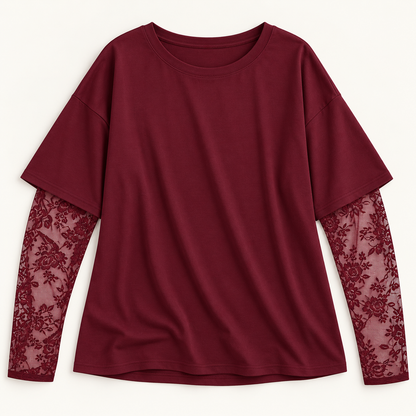 Women’s Oversized Crewneck Top with Floral Lace Sleeves