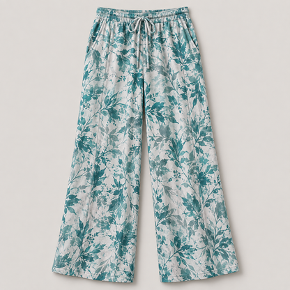 Women’s Printed Wide-Leg Pants with Drawstring Waist and Pockets