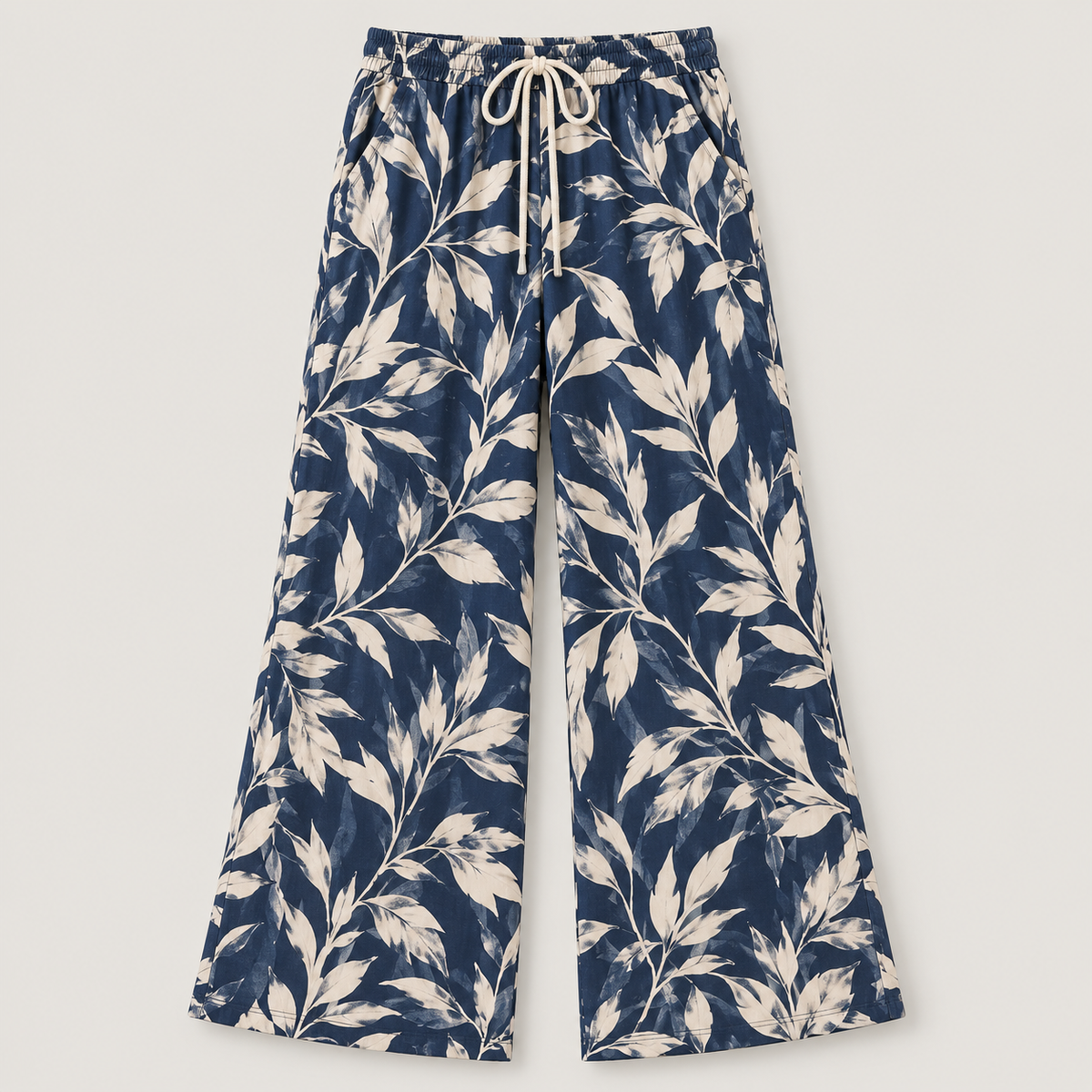 Women’s Printed Wide-Leg Pants with Drawstring Waist and Pockets