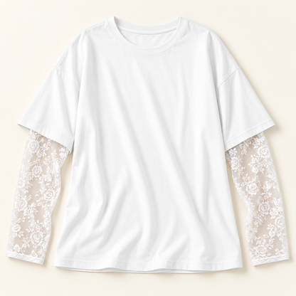 Women’s Oversized Crewneck Top with Floral Lace Sleeves