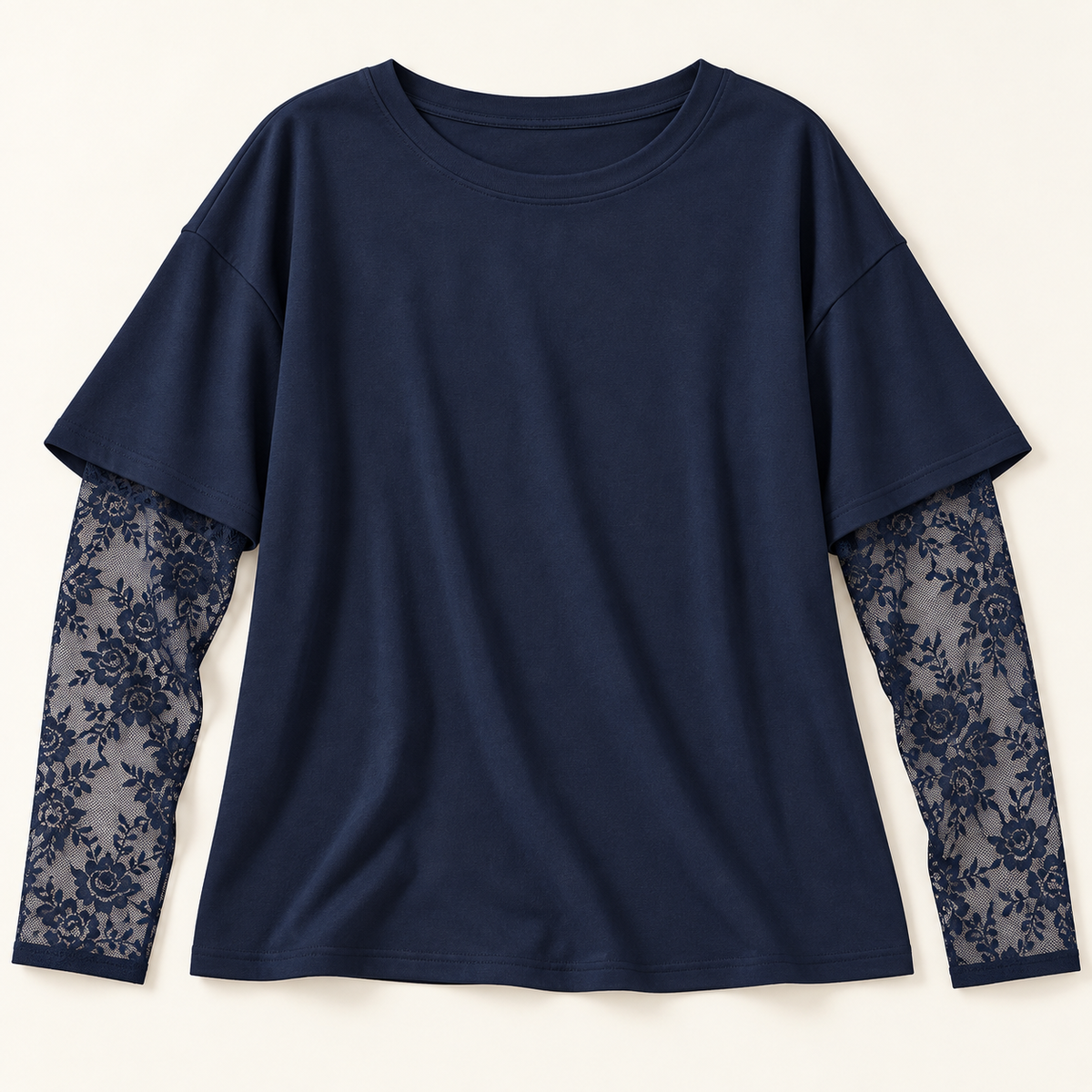 Women’s Oversized Crewneck Top with Floral Lace Sleeves