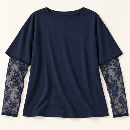 Women’s Oversized Crewneck Top with Floral Lace Sleeves